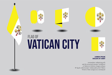 Set of Vatican City flag in 5 designs: flag on pole, brush stroke, skew, round and standard. vector, flat, isolated on grey background. Perfect for various design projects