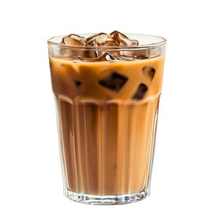 Refreshing iced coffee latte, a delicious layered summer beverage with milk and ice cubes for an energizing treat