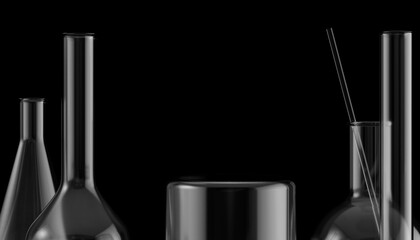 Elegant black glass laboratory flasks and beakers on a dark background. Modern 3D rendering perfect for cosmetics, pharmaceutical innovation, scientific research, and biotech product presentations.