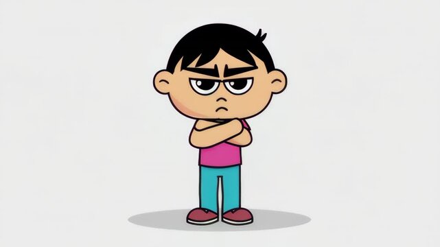 Cartoon boy standing with arms crossed and an angry expression on face