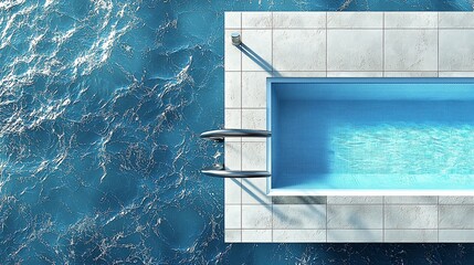 Elevated view showcasing a rectangular swimming pool adjacent to rippling water