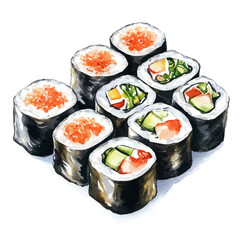 Sushi Rolls, watercolor vector, high quality, isolated on a white background.
