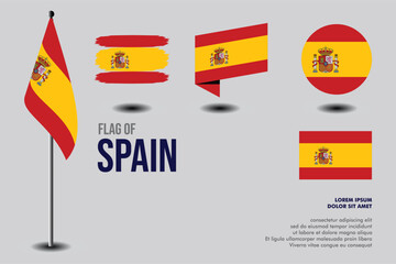 Set of Spain flag in 5 designs: flag on pole, brush stroke, skew, round and standard. vector, flat, isolated on grey background. Perfect for various design projects
