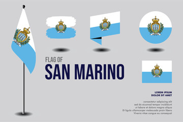 Set of San Marino flag in 5 designs: flag on pole, brush stroke, skew, round and standard. vector, flat, isolated on grey background. Perfect for various design projects