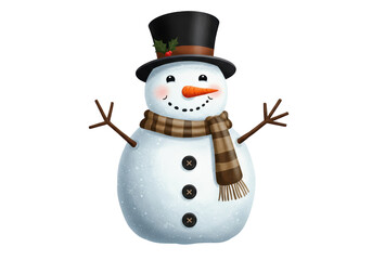 Isolated Cheerful Snowman Wearing Hat and Scarf Winter Holiday