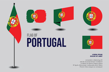 Set of Portugal flag in 5 designs: flag on pole, brush stroke, skew, round and standard. vector, flat, isolated on grey background. Perfect for various design projects