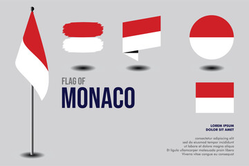 Set of Monaco flag in 5 designs: flag on pole, brush stroke, skew, round and standard. vector, flat, isolated on grey background. Perfect for various design projects