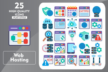 Web Hosting Flat Icon Set. Incleded Icons Security, Structure, Calendar, Https, Globe, Big Data, Code, Cloud, Website, Setting, Search. Vector Icons Collection