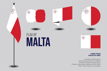 Set of  Malta flag in 5 designs: flag on pole, brush stroke, skew, round and standard. vector, flat, isolated on grey background. Perfect for various design projects
