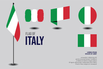 Set of Italy flag in 5 designs: flag on pole, brush stroke, skew, round and standard. vector, flat, isolated on grey background. Perfect for various design projects
