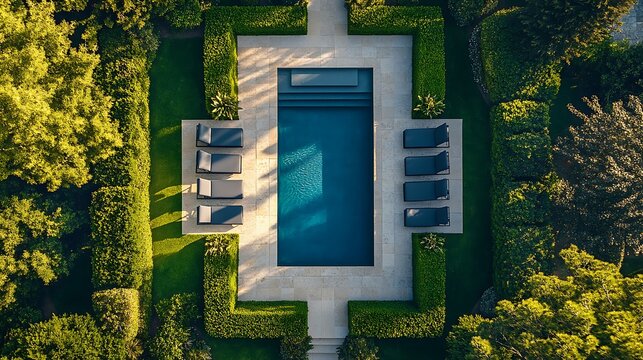 High-resolution aerial view of luxury backyard with square pool in center, sunbathing lounge areas in perfect symmetry on each side, sculpted garden hedges and green lawn border the property.