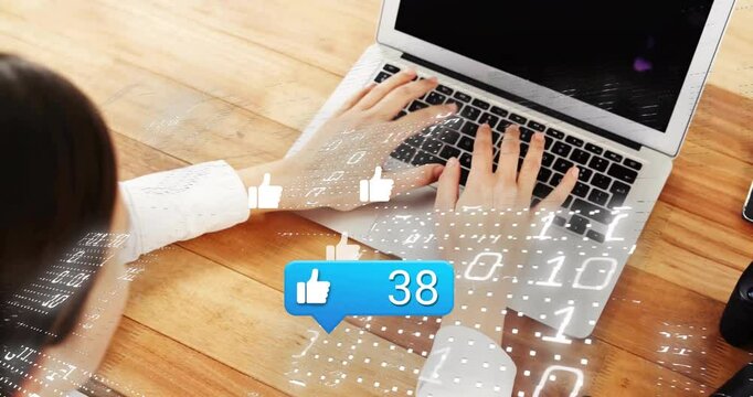 Woman typing showing chat bubble and displaying like count rising over binary grid for marketing