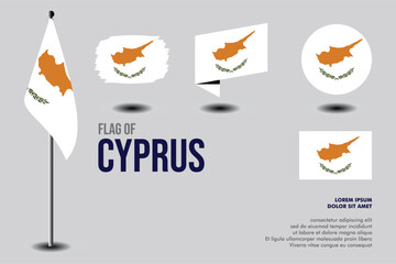 Set of Cyprus flag in 5 designs: flag on pole, brush stroke, skew, round and standard. vector, flat, isolated on grey background. Perfect for various design projects
