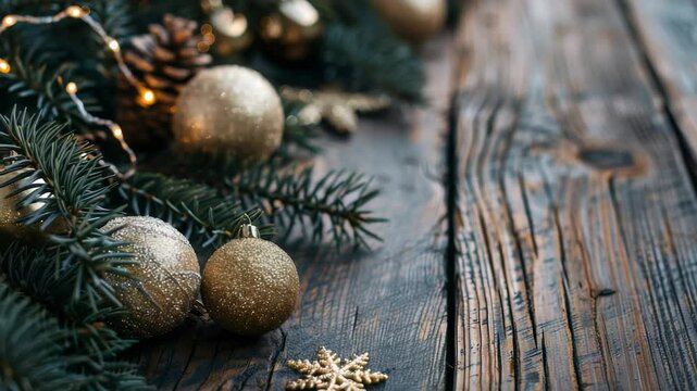 A close-up of Christmas ornaments and pine needles placed on a wooden surface. Golden decorations and warm lighting create a cozy and festive atmosphere. Good for holiday marketing.