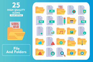 File and Folders Flat Icon Set. Incleded Icons Folders, Analysis File, File And Folder, Zip Folder, Warning Folder, Delete File, Search File, Question. Vector Icons Collection
