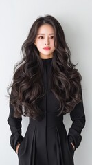 A woman with long hair is wearing a black dress