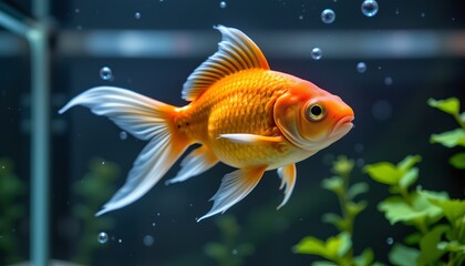 Fototapeta premium an orange koi fish swimming in an aquarium, captured mid swim with its fins spread wide