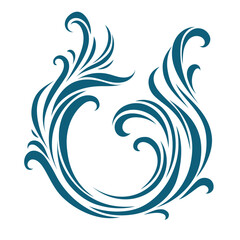 Vector ornament inspired by ocean wave and flowing water. Curved decorative swirl in blue with artistic dynamic lines. Ideal for marine themes, tattoo, decoration and logo design