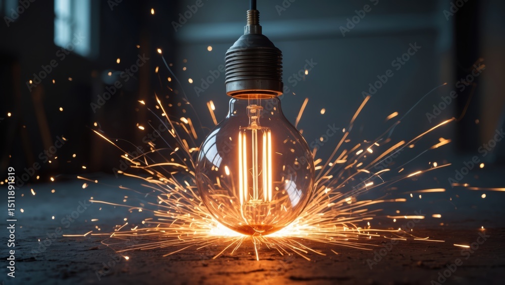 Poster a close-up view of a breaking light bulb emitting sparks on a dark surface, creating an intense atmo