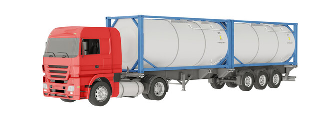Side perspective of a semi-trailer truck hauling two pressurized liquefied gas containers. Isolated on a transparent background. 3D illustration