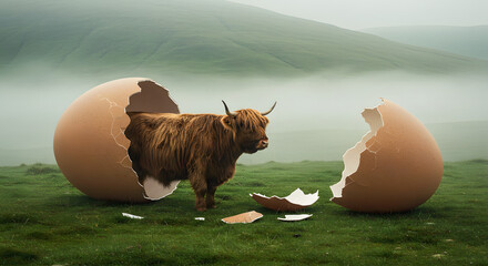Highland cow standing near oversized broken eggs in foggy field  