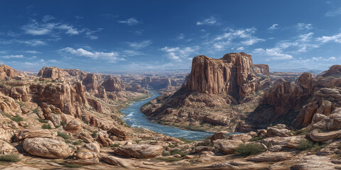 Spherical 360 degrees  panorama view in equirectangular projection:wild arid and desertic mountain rocky range landscape with canyon crossed by a river under a blue sky