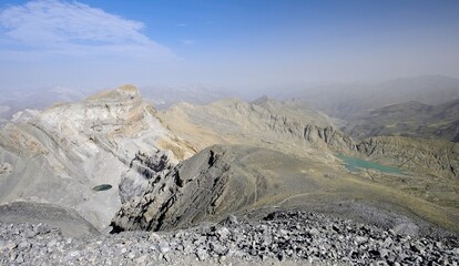 View from the peak of Monte Perdido, looking over towards Cilindro, Astazu peaks, and Lago Marbore