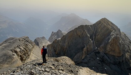 A hiker looking away on the Monte Perdido peak, with the Soum de Ramond in the background, in the Ordesa National Park in Spain