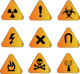 Warning sign icon set. Poison, toxic, biohazard caution sign. Skull, chemical danger yellow triangle symbol element. Vector illustration