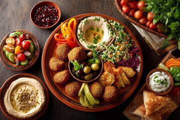 Colorful photo shoot of oriental food with hummus, falafel