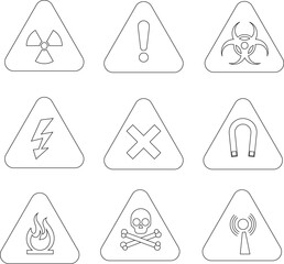 Danger, Warning sign line icon set. Poison, toxic, biohazard caution sign. Skull, chemical danger yellow triangle symbol element. Vector illustration