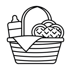 Line art illustration of a picnic basket with cookies and a baby bottle