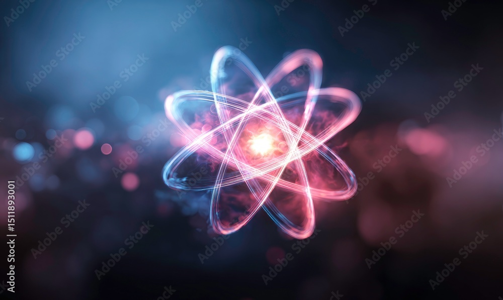 Poster glowing atom model with orbiting electrons on a dark background for science and technology concepts