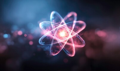 Glowing Atom Model with Orbiting Electrons on a Dark Background for Science and Technology Concepts