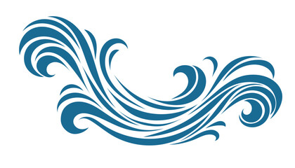 Vector wave element with symmetrical curved lines and marine flow. Abstract blue ornament in dynamic shape. Perfect for design themes, logos, tattoos and ocean visuals