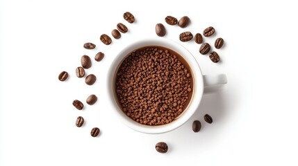 Obraz premium A top view of a white coffee cup filled with instant coffee granules surrounded by scattered coffee beans.