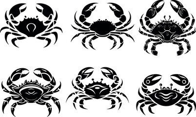 Black and White Crab Set – Minimalist Line Art Vector Collection of Crabs in Various Poses