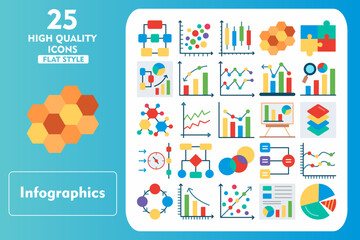 Infographics Flat Icon Set. Incleded Icons Hierarchy, Area Graph, Radial List, Smooth Lines, Cycle, Growth, Scatter Graph, Infographic, Pie Chart. Vector Icons Collection