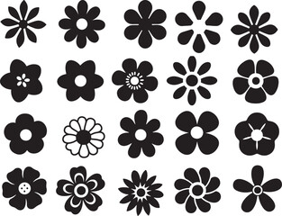Flower Silhouettes Icon Set – Daisy, Rose, Chamomile Floral Symbols in Simple Vector Style