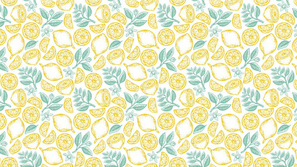 Seamless pattern with hand drawn lemons leaves and flowers in yellow and green color scheme design