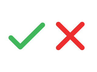 Obraz premium Green checkmark and red cross on isolated white background vector symbol for right and wrong choices. Modern flat design, Checkmark icon set. Checkmark right symbol tick sign.
