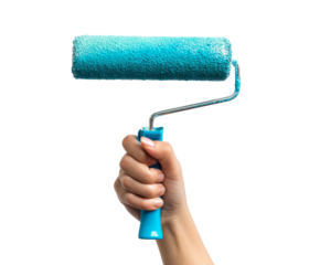 Hand holding a turquoise paint roller for home decoration projects on a transparent background, cut out