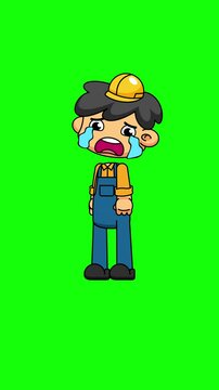 Crying Contractor Chibi Animation with Big Teardrops, Loop Greenscreen, Expressive Pose