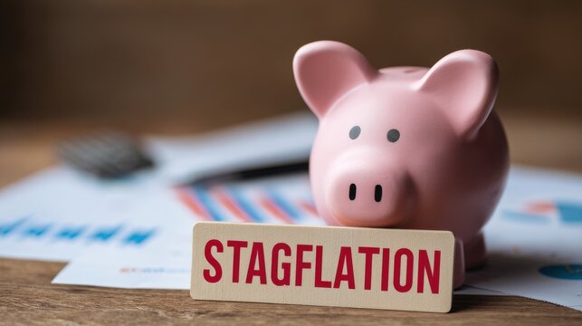 A pink piggy bank sits on financial documents with a sign labeled "STAGFLATION" in front of it.