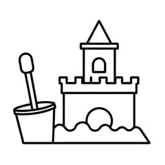 Sandcastle on the beach with bucket and shovel line art illustration