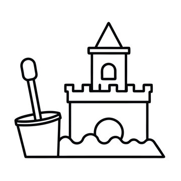 recommend clip art: Sandcastle on the beach with bucket and shovel line art illustration