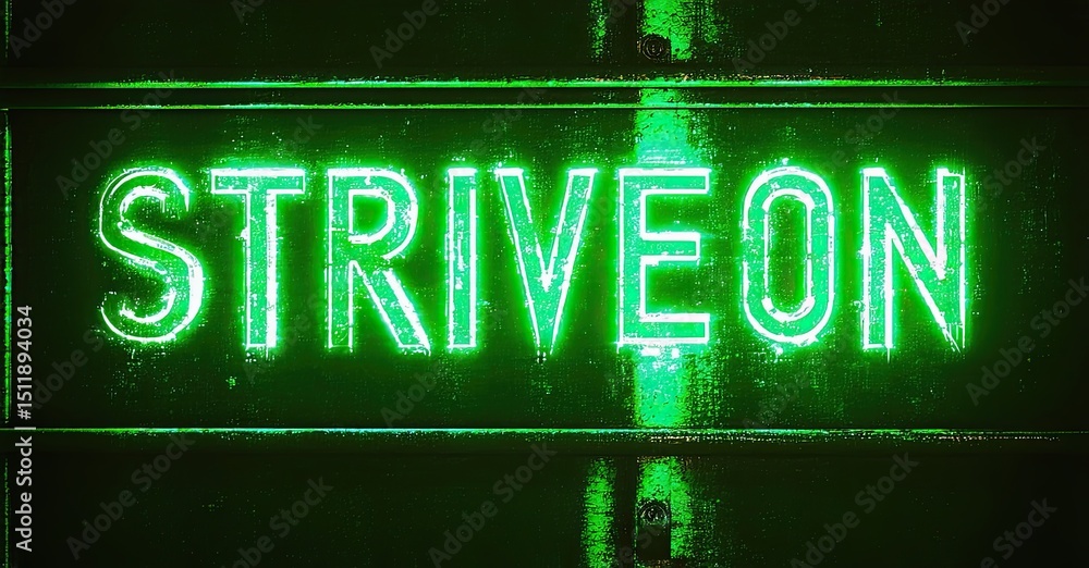 Poster bright green neon sign displays striveon. dark background emphasizes glowing text. minimalist design