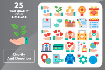 Charity and Donation Flat Icon Set. Incleded Icons Blood, Love, Medicine, Earth, Location, Mobile, Sweatshirt, Setting, Globe, Plant, Dollar, Badge. Vector Icons Collection