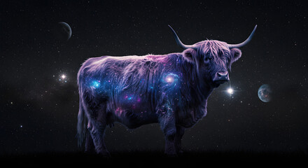Cosmic Highland cow with starry pattern against dark galaxy backdrop  