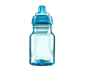 Baby bottle with blue lid for infant feeding needs on a transparent background, cut out
